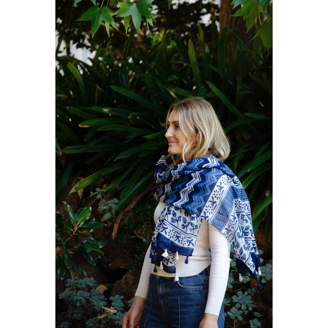 Scarves Australia Fashion Scarf Navy and White Geo Scarf with Tassels