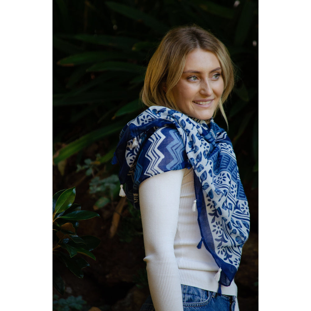 Scarves Australia Fashion Scarf Navy and White Geo Scarf with Tassels