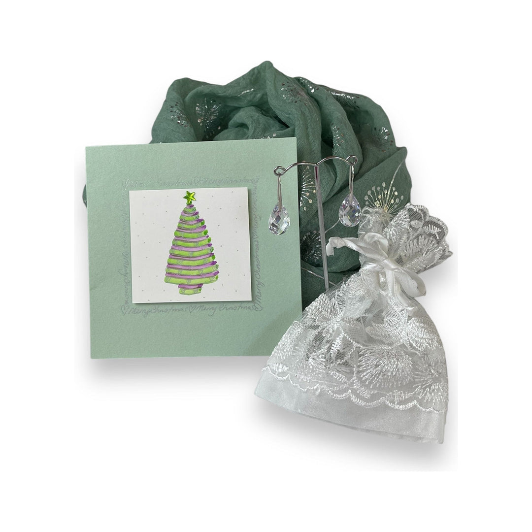 Scarves Australia Gift Packs 🎄Gift Pack - Green Silver Scarf w Crystal Earrings +Card