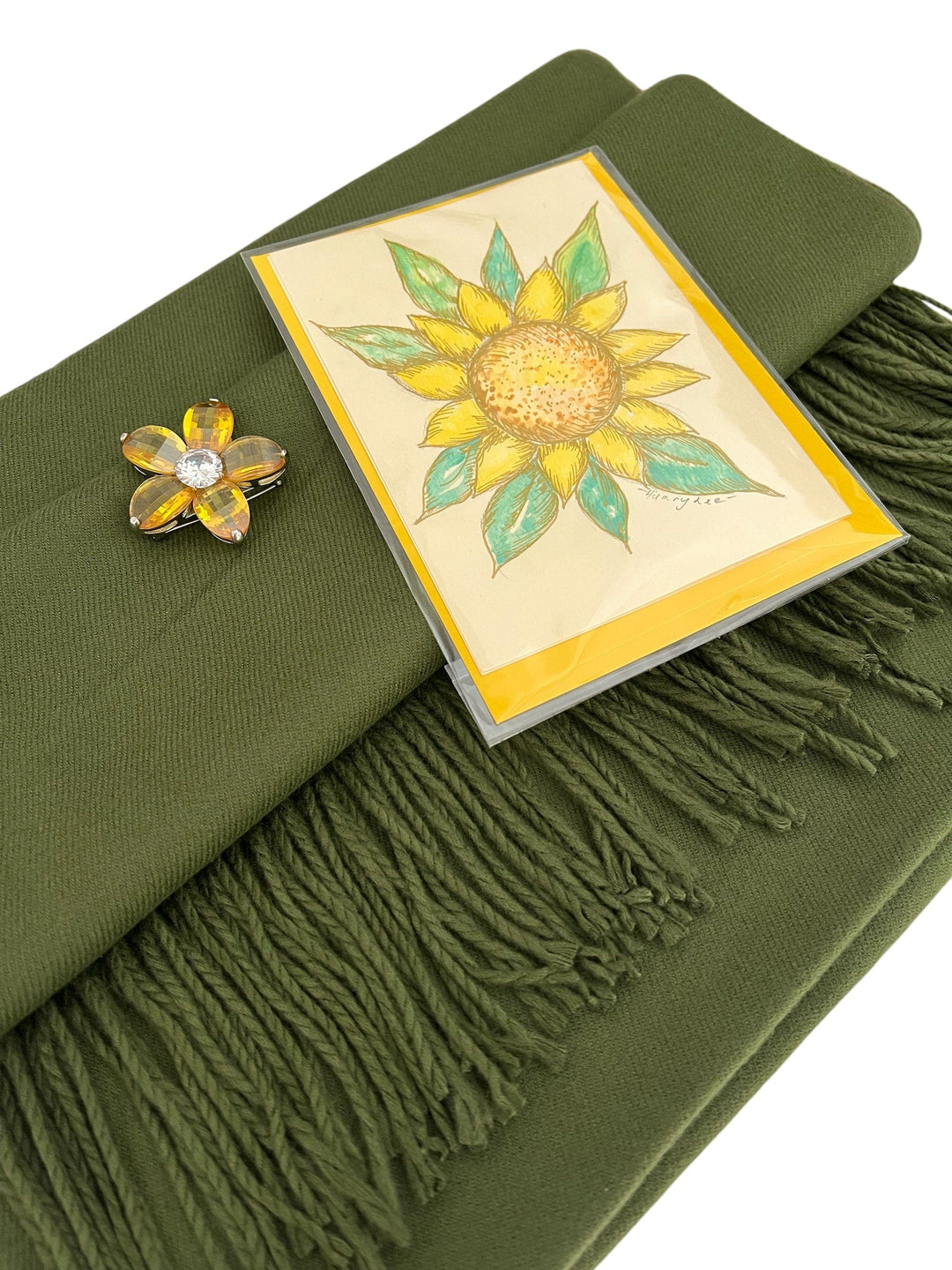 Scarves Australia Gift Packs 🌼 Gift Pack - Palm Green Pashmina Shawl +Gift Card+Crystal Flower Brooch