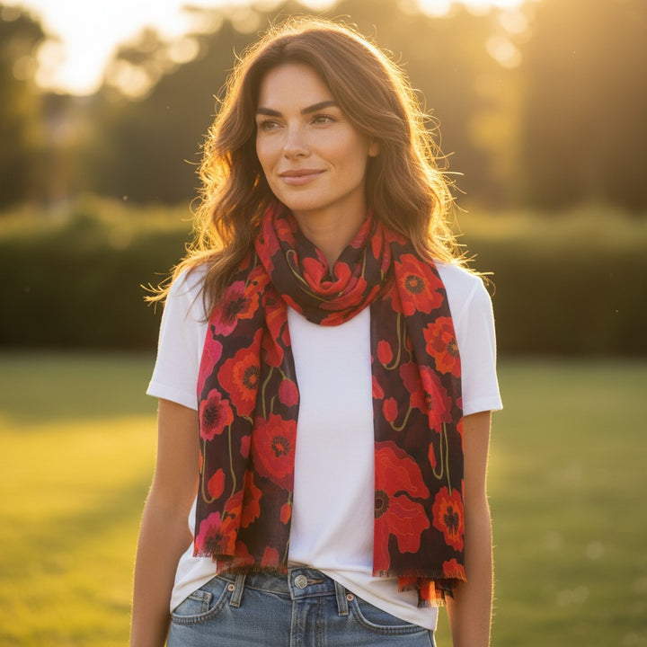Red Poppy Scarf on Black – Cotton Modal Blend