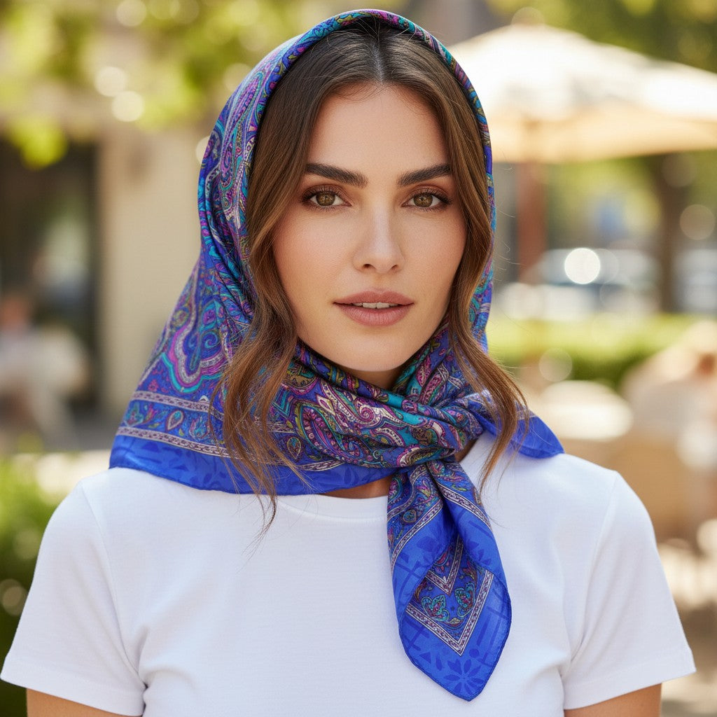 Pure Silk Square Scarf Cobalt Blue Paisley