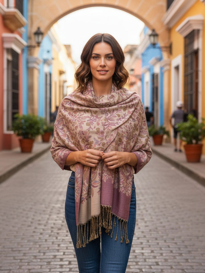 Beige Dusky Pink Floral Shawl