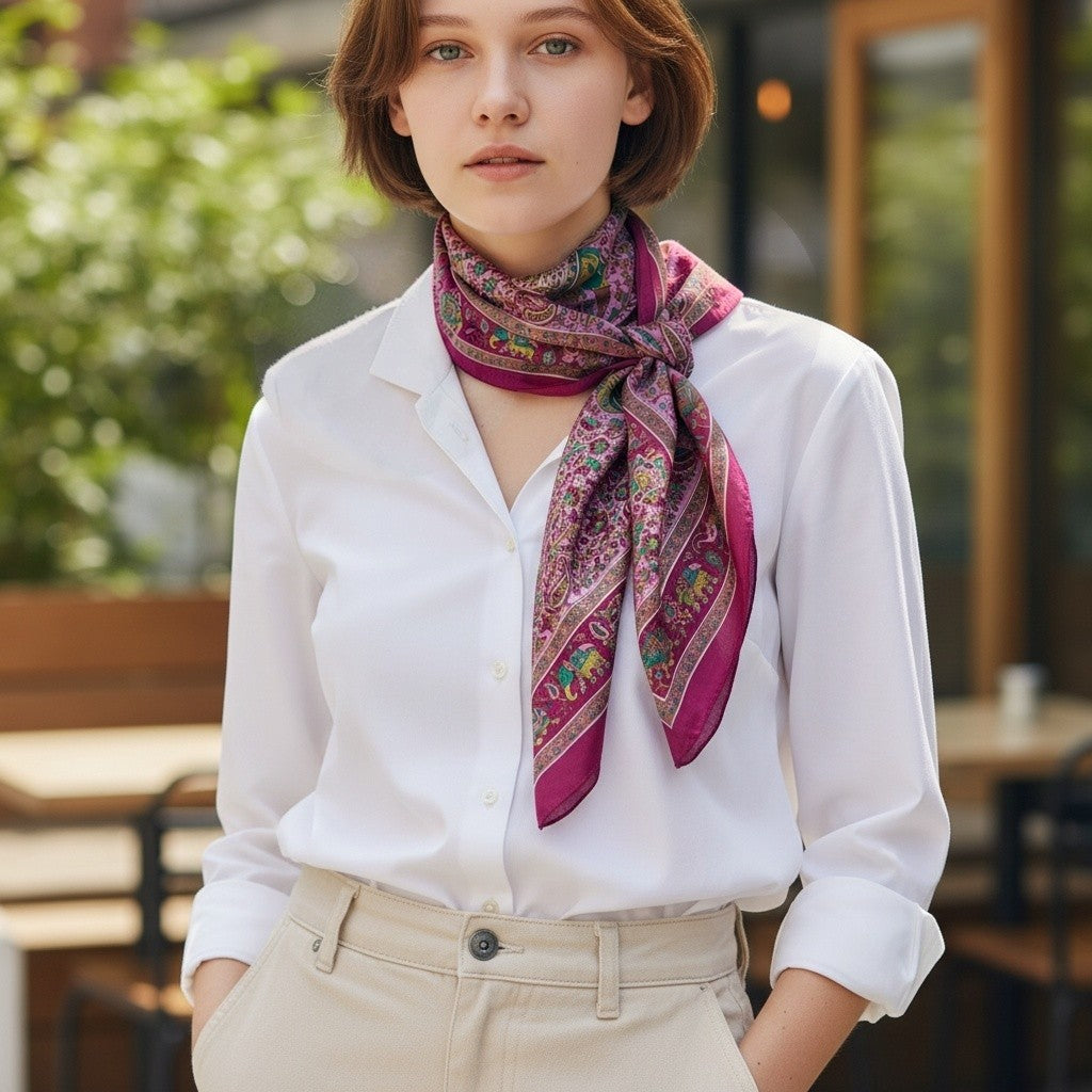 Pure Silk Square Scarf – Burgundy Pink Elephant Paisley