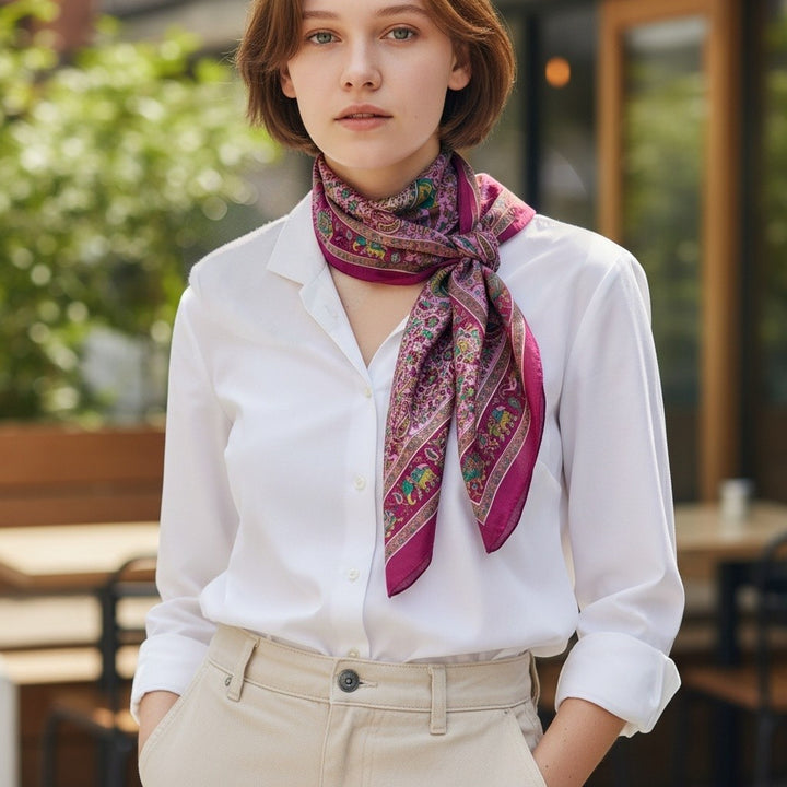 Pure Silk Square Scarf – Burgundy Pink Elephant Paisley