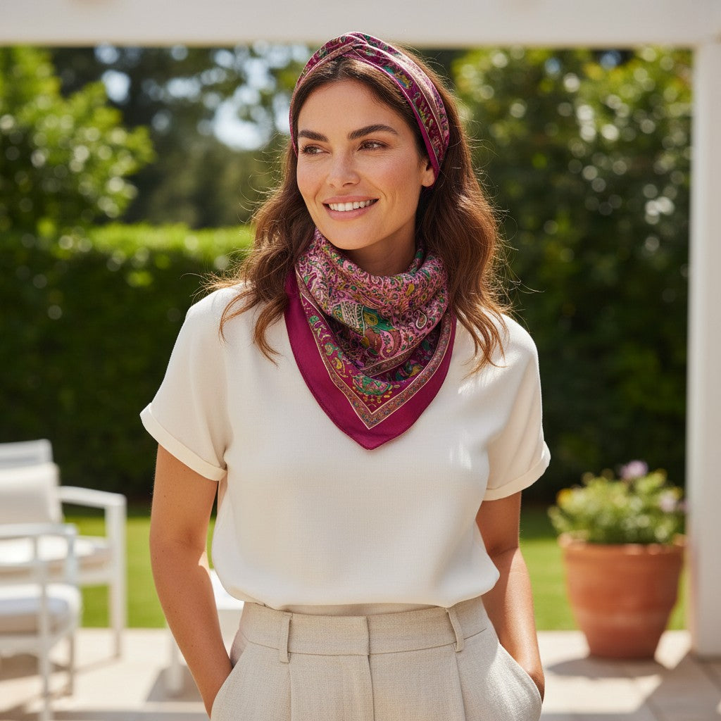 Pure Silk Square Scarf – Burgundy Pink Elephant Paisley