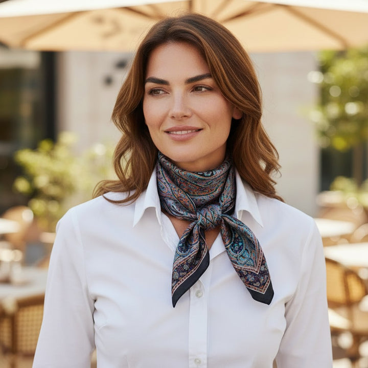 Silk Square Black Paisley Scarf on Model