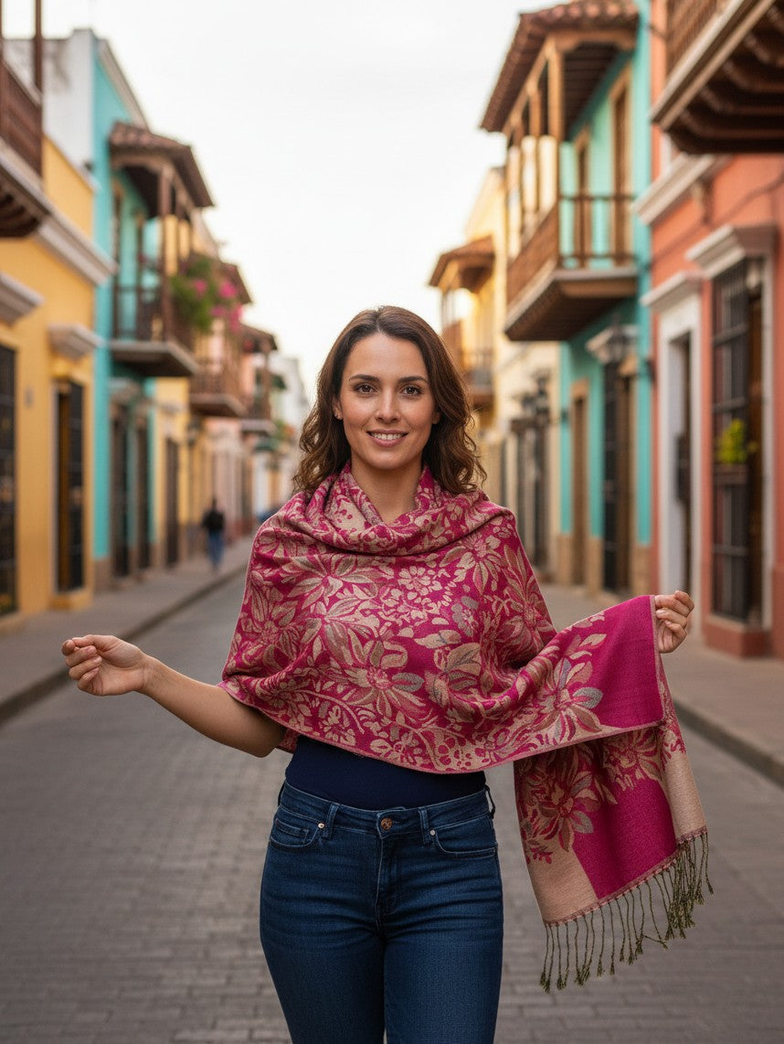 Fuchsia Bloom Deep Pink Floral Shawl