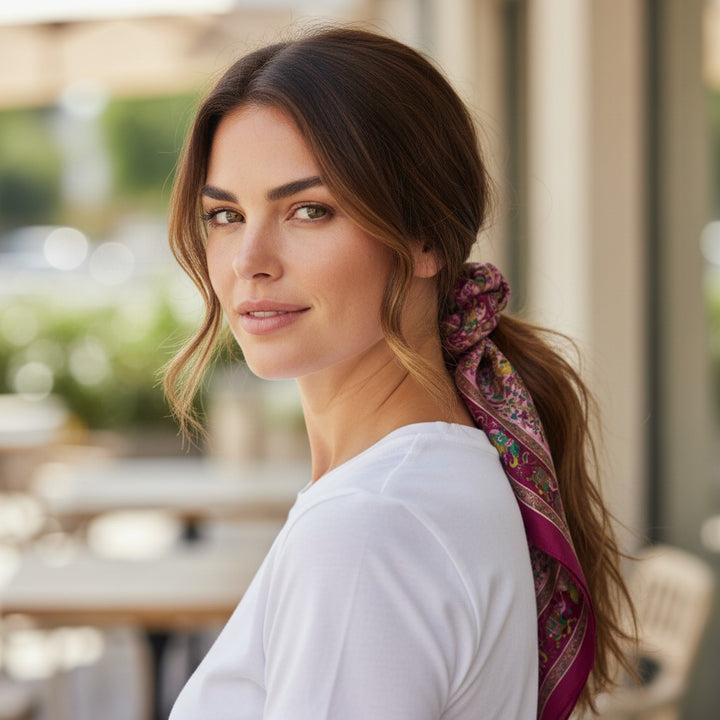 Pure Silk Square Scarf – Burgundy Pink Elephant Paisley