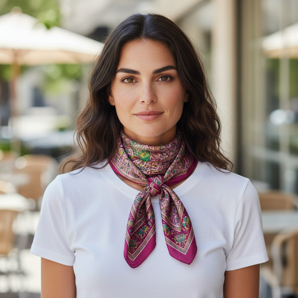 Pure Silk Square Scarf – Burgundy Pink Elephant Paisley