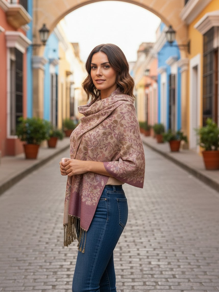 Blush Serenity - Dusky Pink & Beige Floral Pashmina Shawl