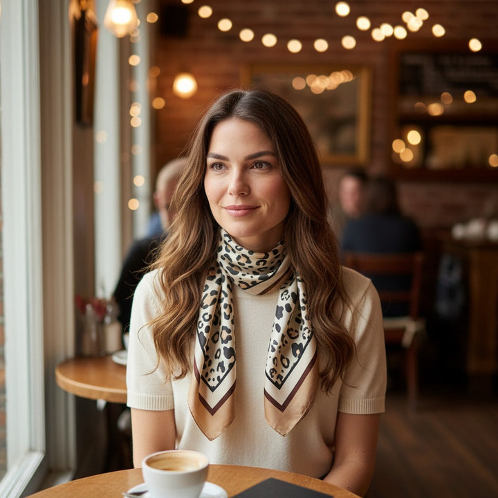 Square Scarf Neckerchief Beige Black Leopard Print
