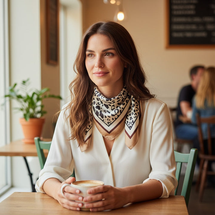 Square Scarf Neckerchief Beige Black Leopard Print