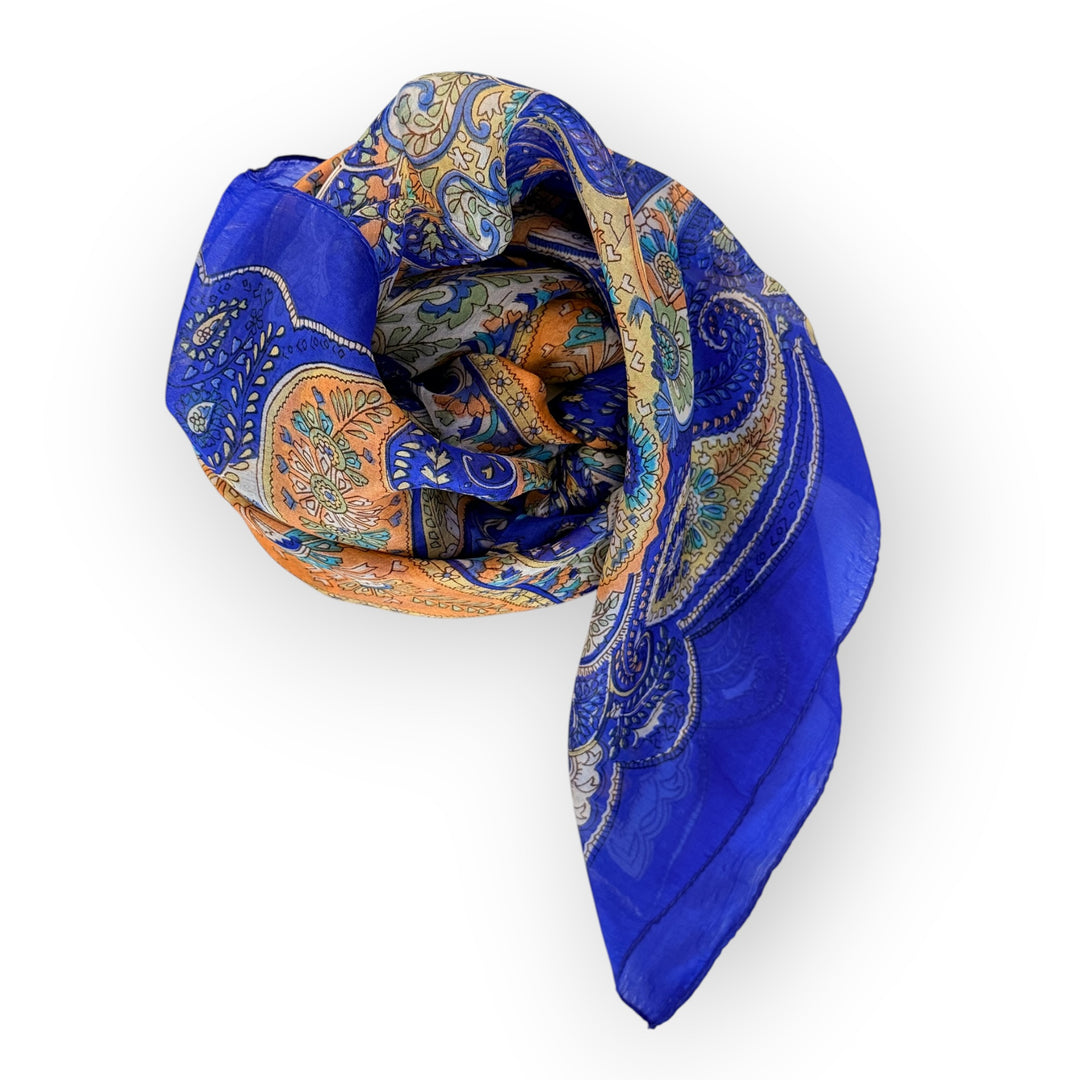 Cobalt Rhapsody – Blue Paisley Pure Silk Square Scarf