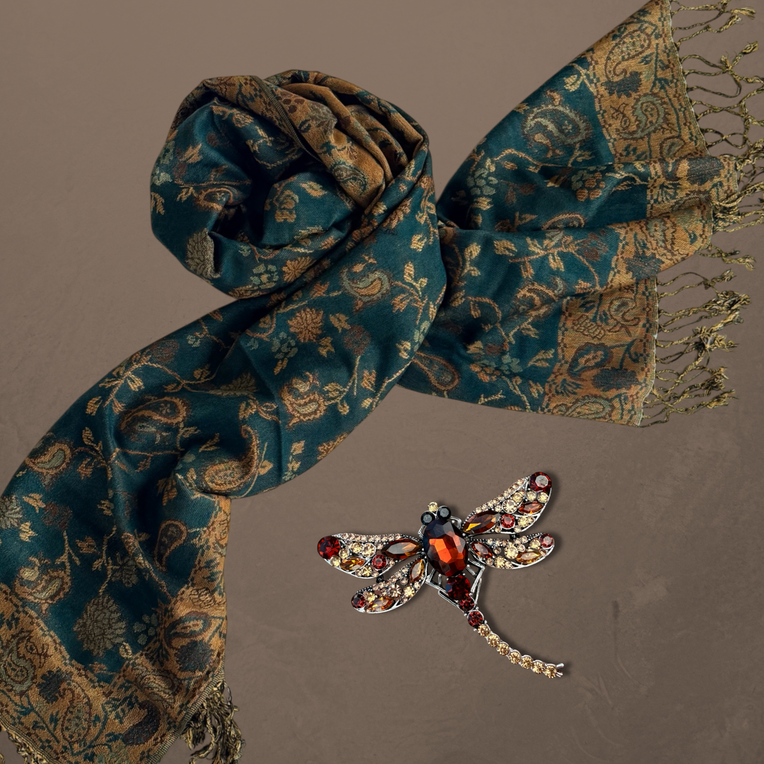 Byzantine Teal Shawl &amp; Dragonfly Brooch Gift Set ✨