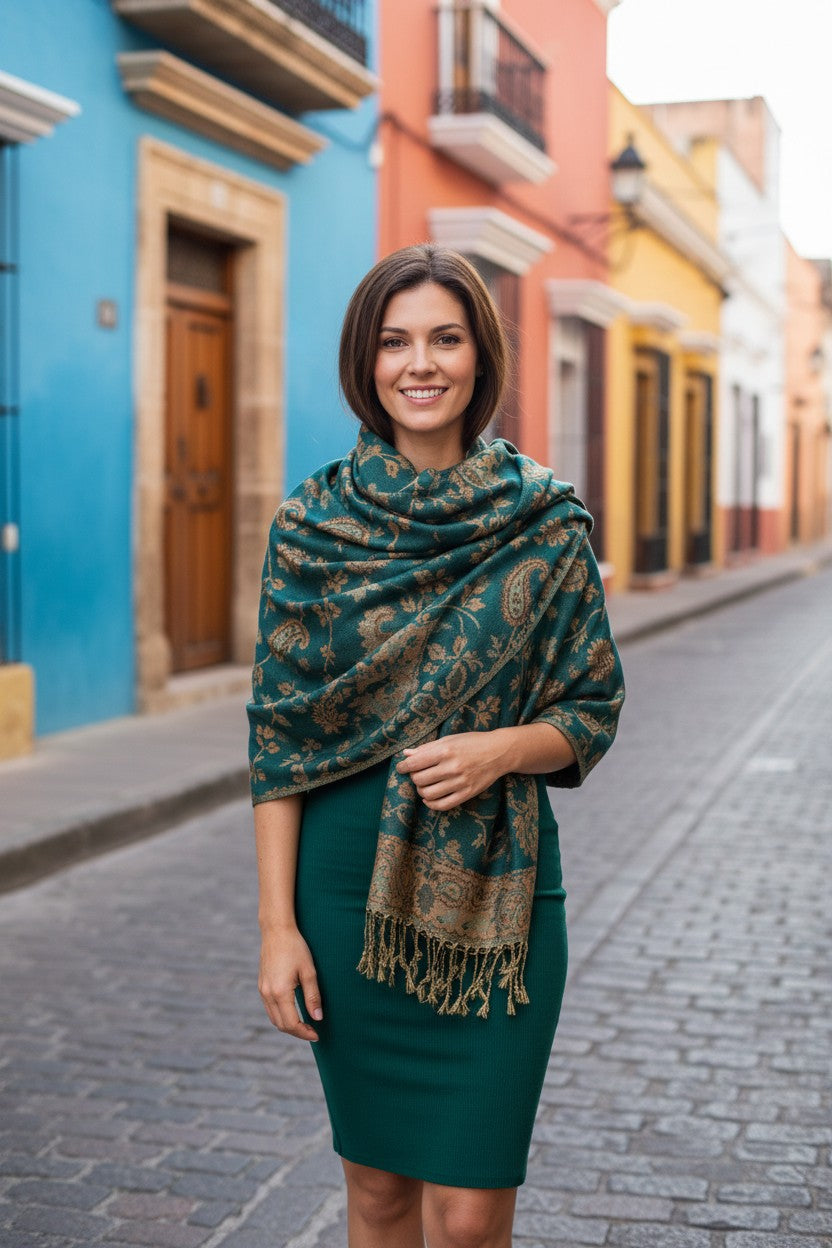 Byzantine Teal -  Paisley Pashmina Floral Luxury Wrap