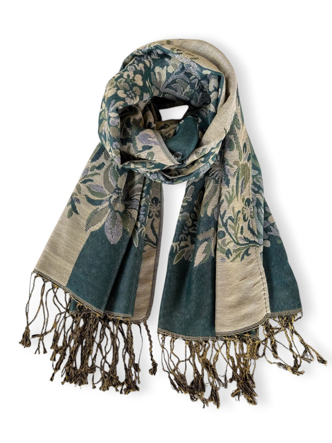 Jacquard Shawl – Teal Taupe Floral | Elegant Lightweight Wrap