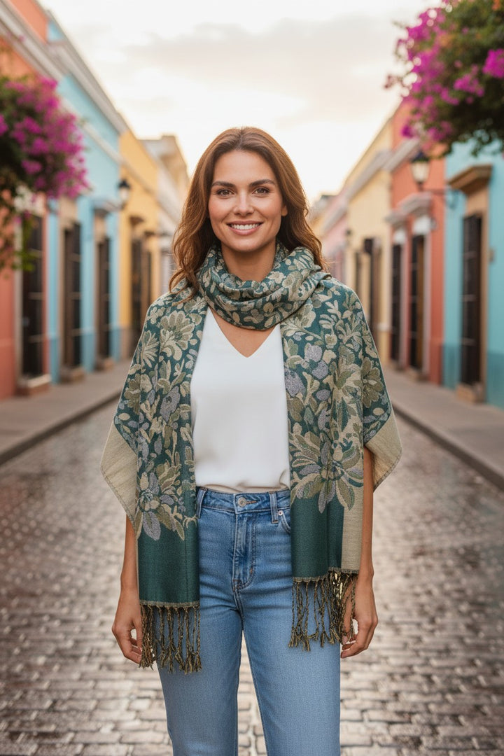 Jacquard Shawl – Teal Taupe Floral | Elegant Lightweight Wrap