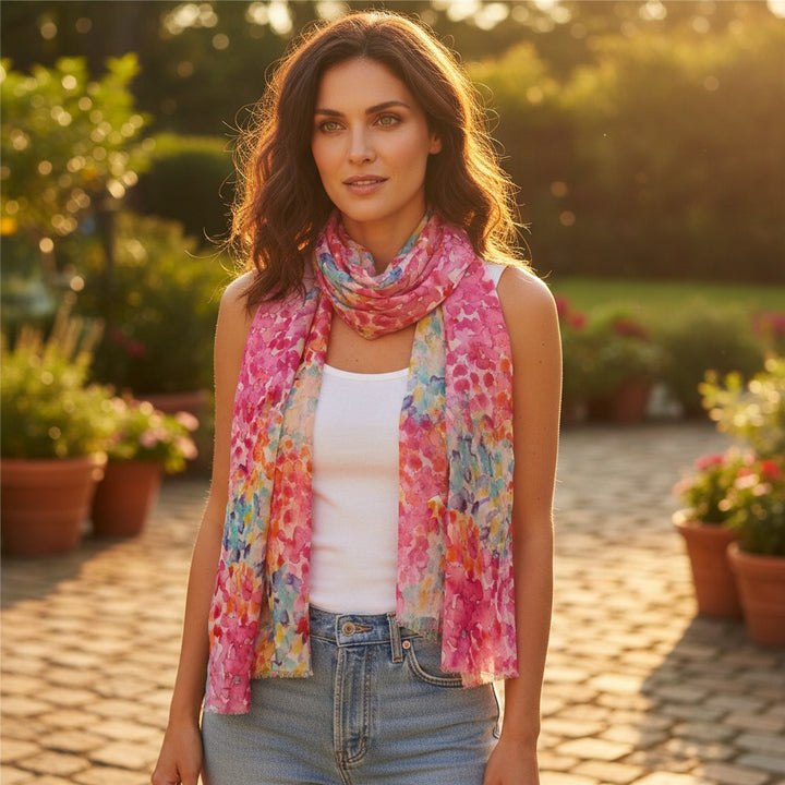 Watercolour Bloom Scarf – Pink Multi Colour Cotton Modal