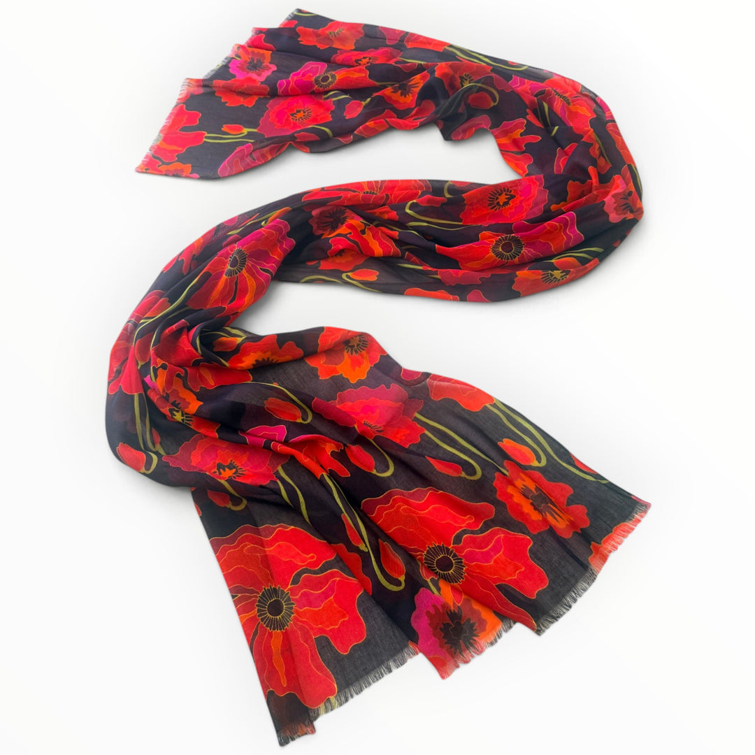 Red Poppy Scarf on Black – Cotton Modal Blend