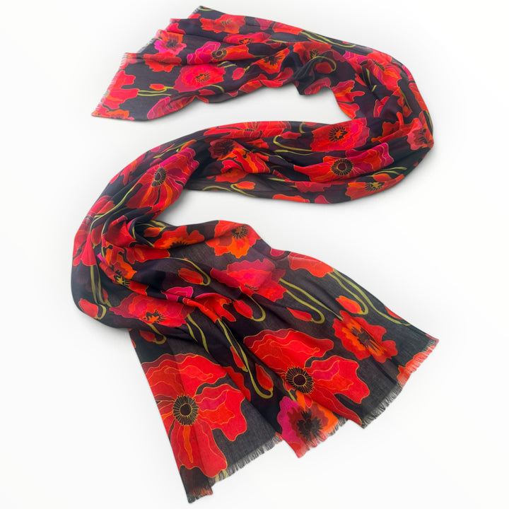 Red Poppy Scarf on Black – Cotton Modal Blend