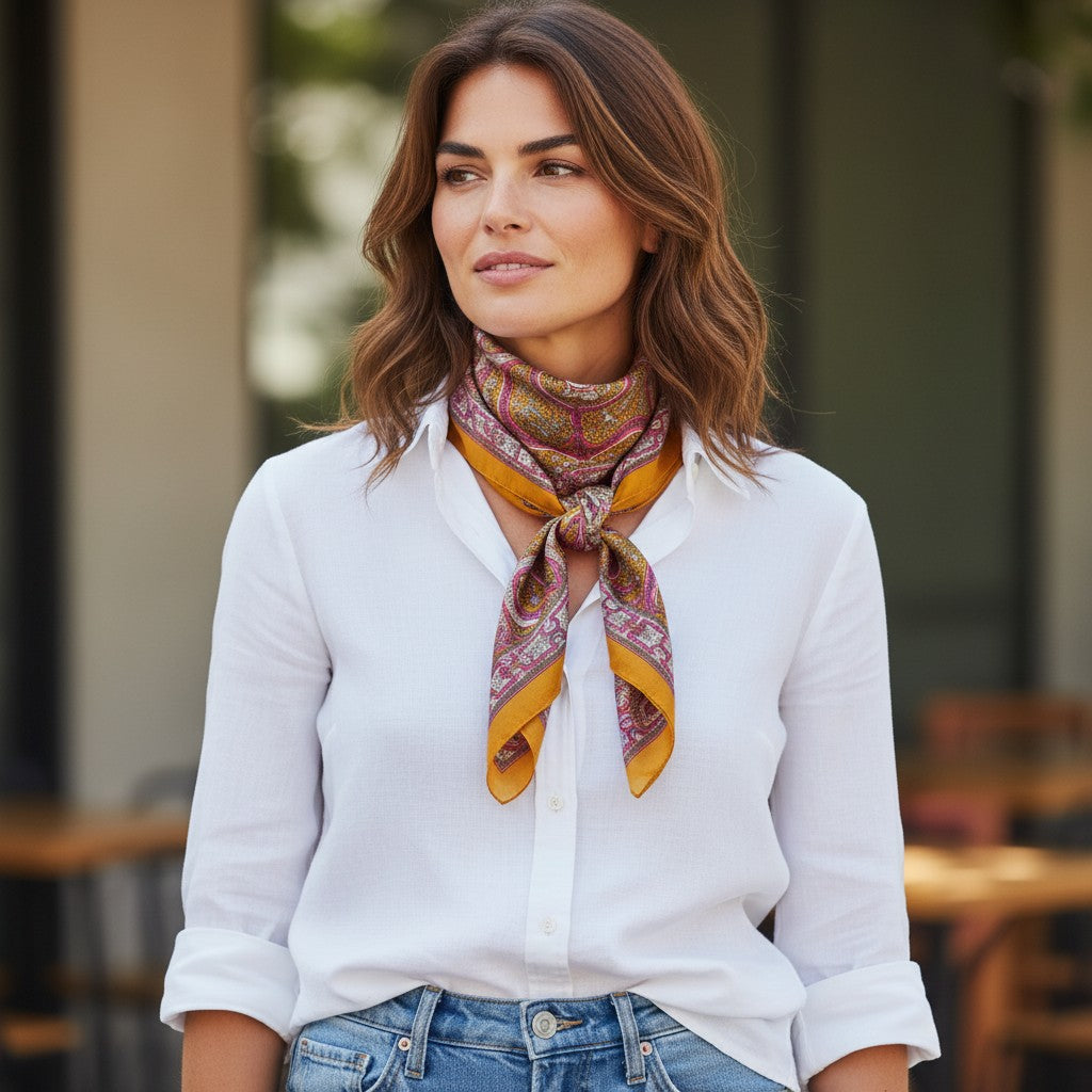 Model wearing warm yellow paisley silk scarf