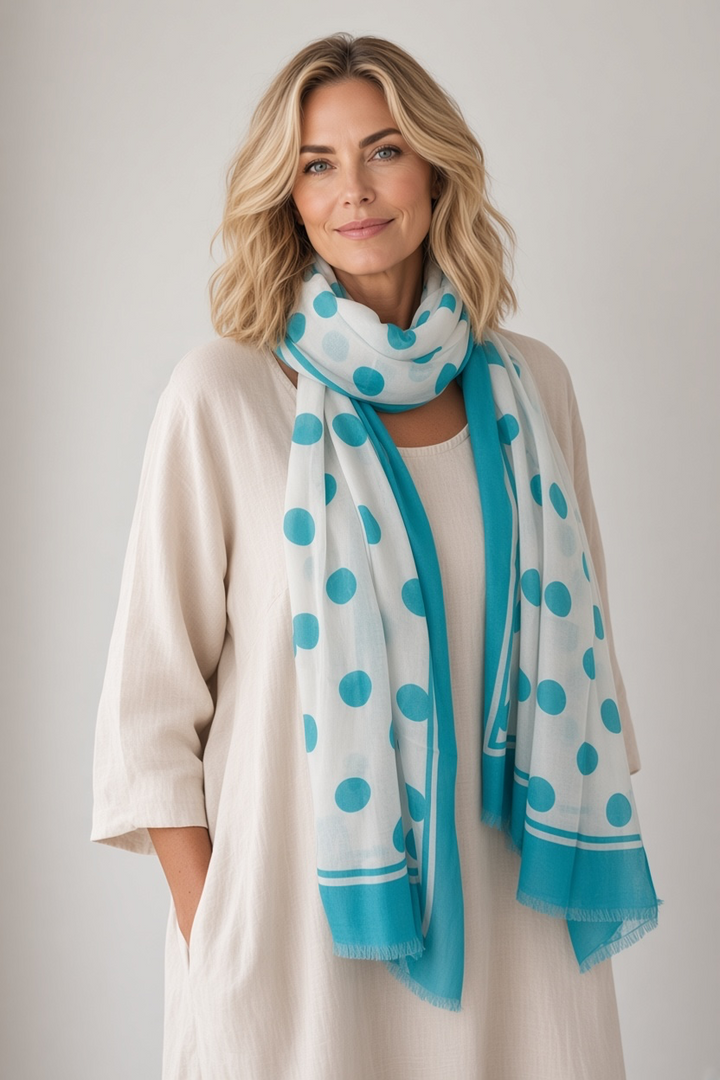 Turquoise Dot Scarf - White Cotton Modal Spot Scarf