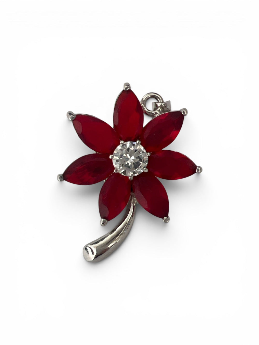 Red crystal flower brooch and pendant with silver tone stem