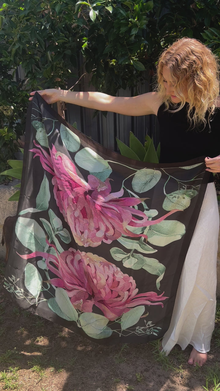 🌸 Silk Scarf - Pink Grevillea - Square Scarf