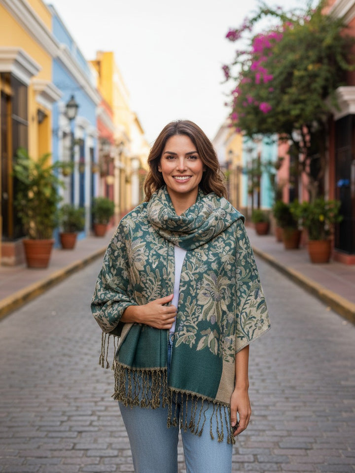 Jacquard Shawl – Teal Taupe Floral | Elegant Lightweight Wrap