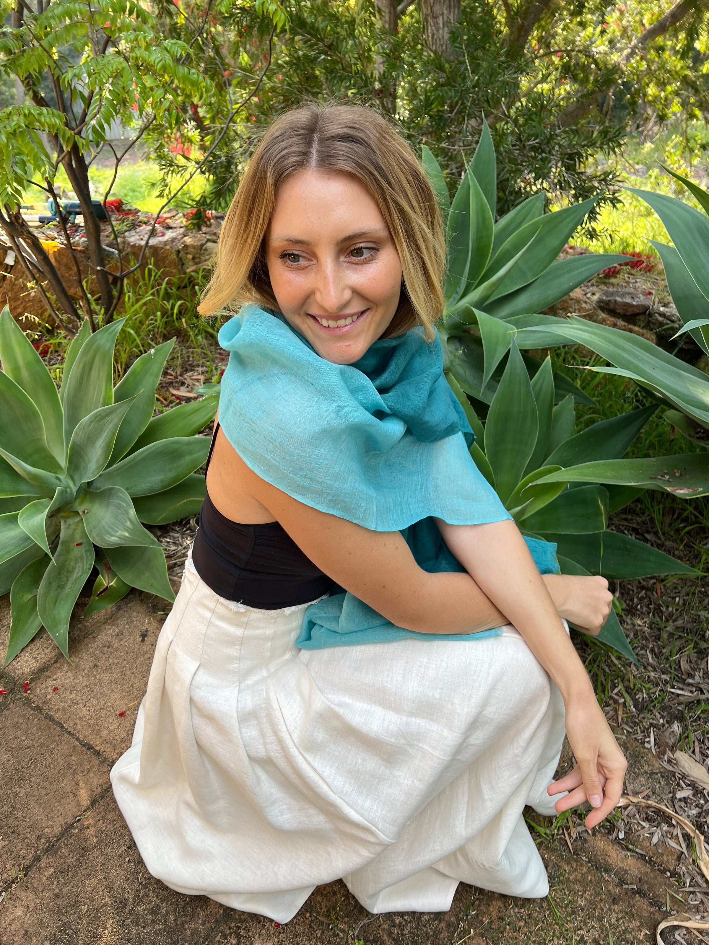 Scarves Australia Apparel & Accessories Cotton Linen Scarf - Teal Green Ombre - Linen Cotton