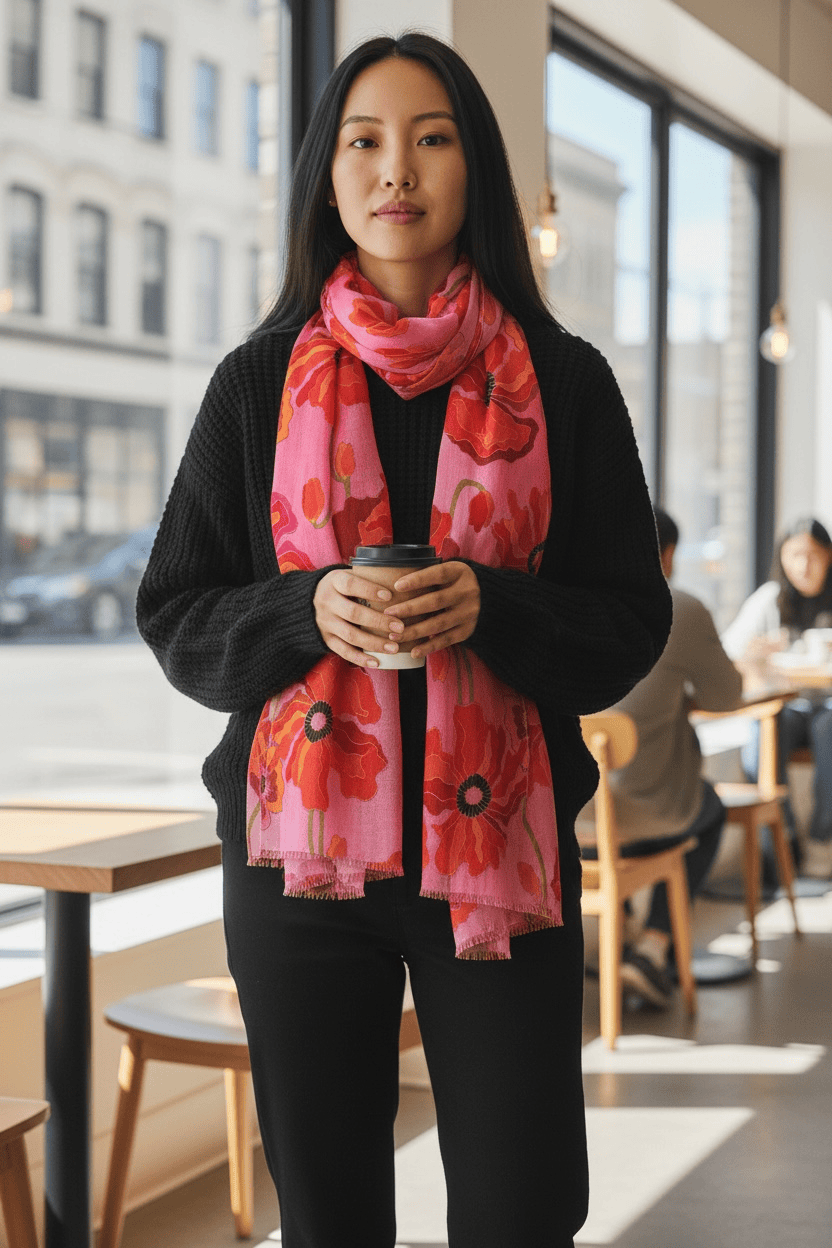 Scarves Australia Apparel & Accessories Floral Scarf - Red Poppy on Pink