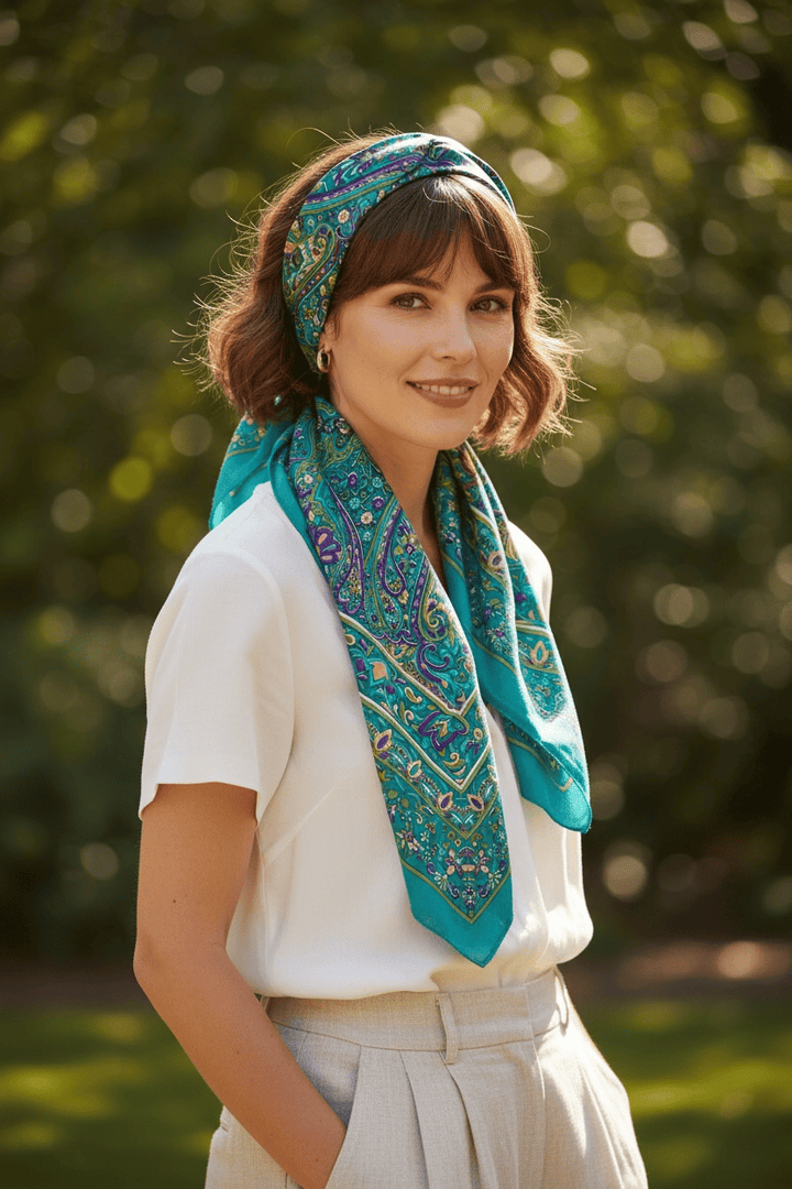 Scarves Australia Apparel & Accessories Luxury Pure Silk Scarf – Turquoise Jewel Floral Square