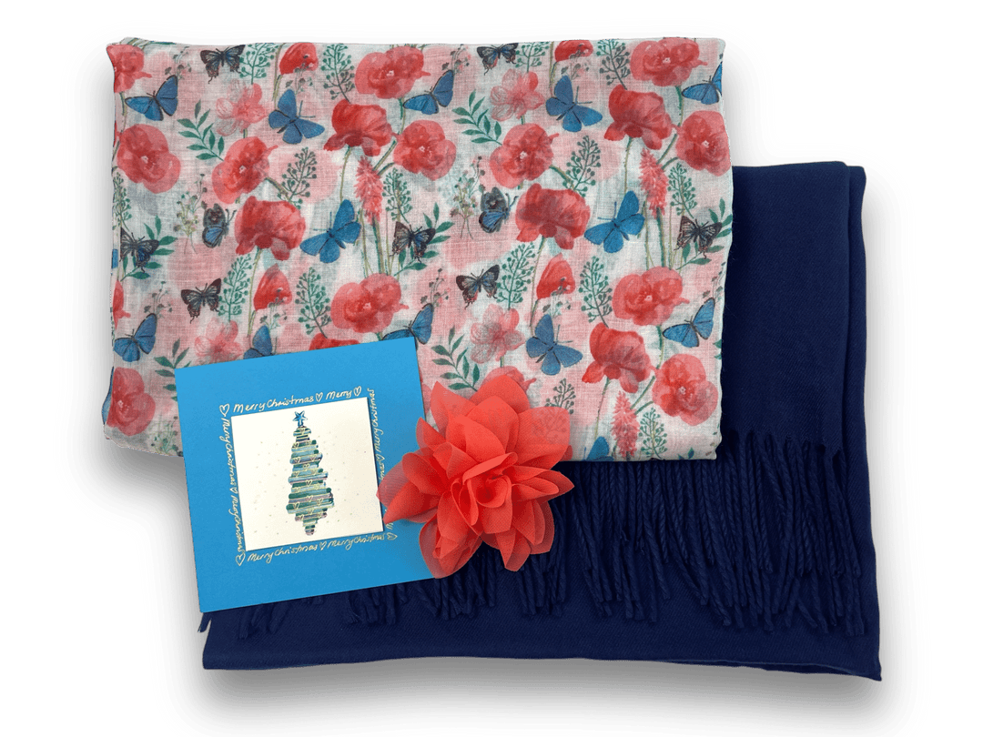 Scarves Australia Apparel & Accessories 🎁 Scarf Gift Duo - Deep Blue Shawl - Poppy Scarf and Card