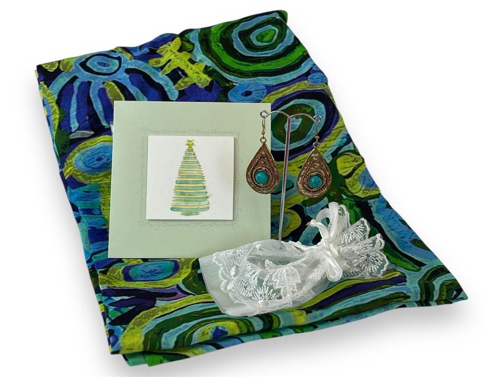 Scarves Australia Beach Sarongs 🎁 Gift Pack - Luxury Cotton Turquoise Sarong + Bronze Earrings + Card