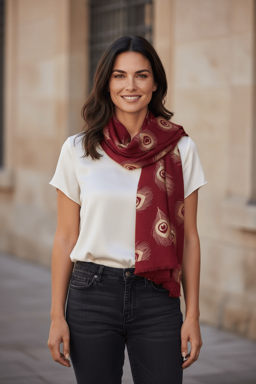 Scarves Australia Evening Shawls Luxury Wool Shawl -Deep Red Gold Foil