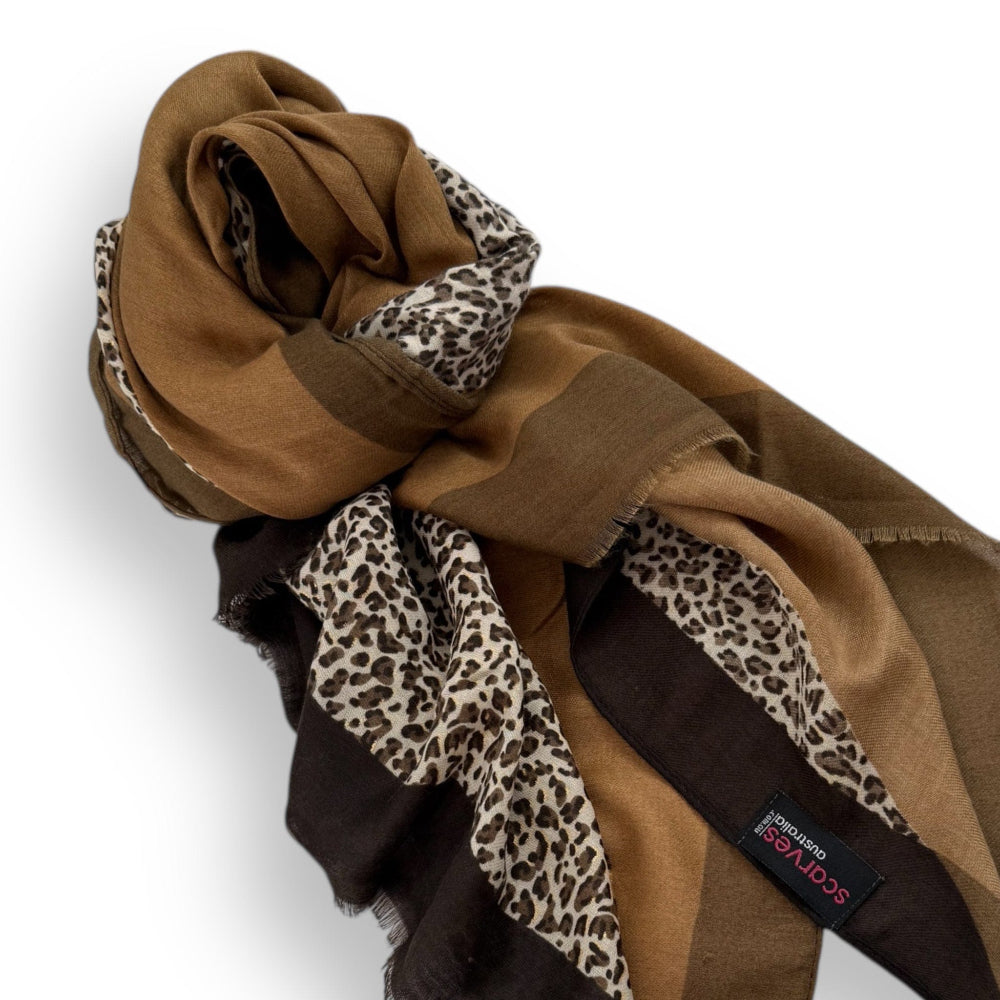 Scarves Australia Fashion Scarf Animal Print Colour Block Scarf - Caramel Brown