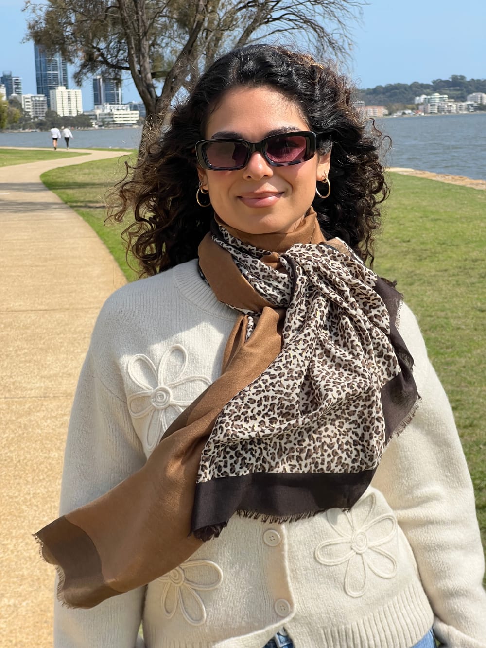 Scarves Australia Fashion Scarf Animal Print Colour Block Scarf - Caramel Brown Black