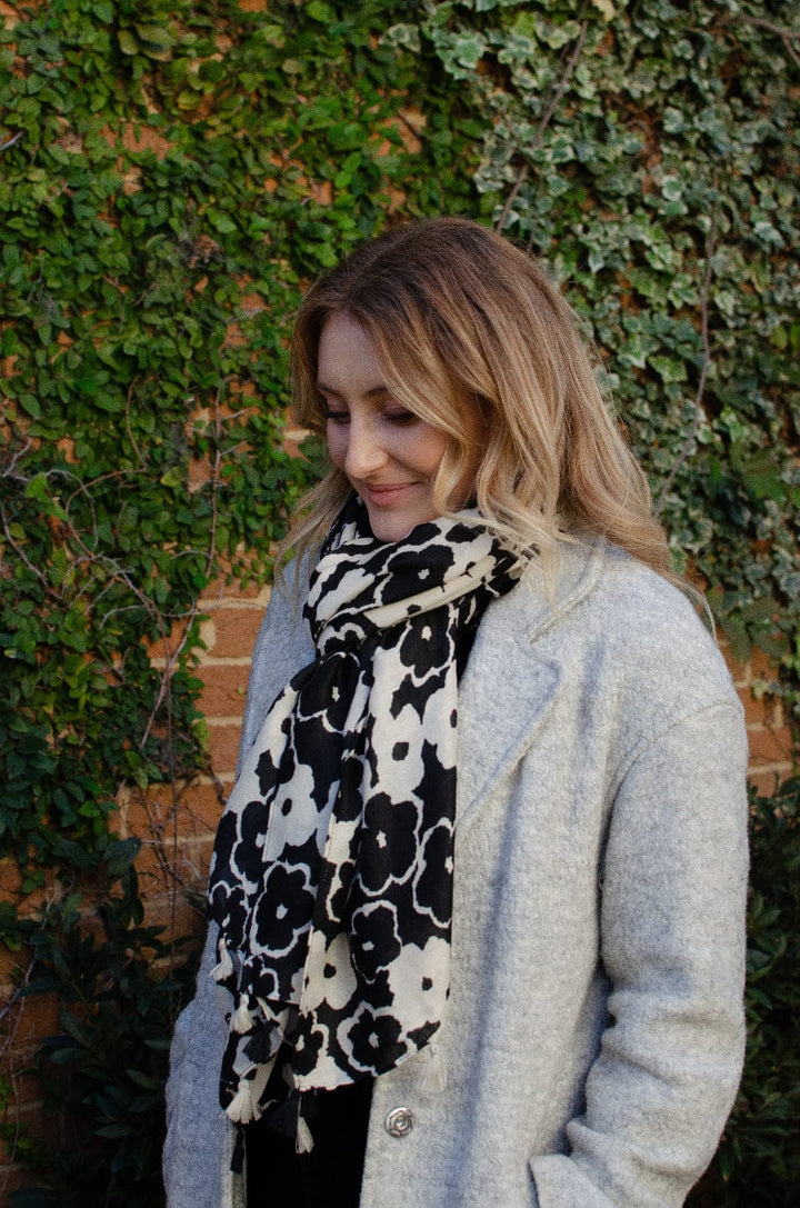 Scarves Australia Fashion Scarf 🌺 Black Poppy on Beige - Contemporary Print