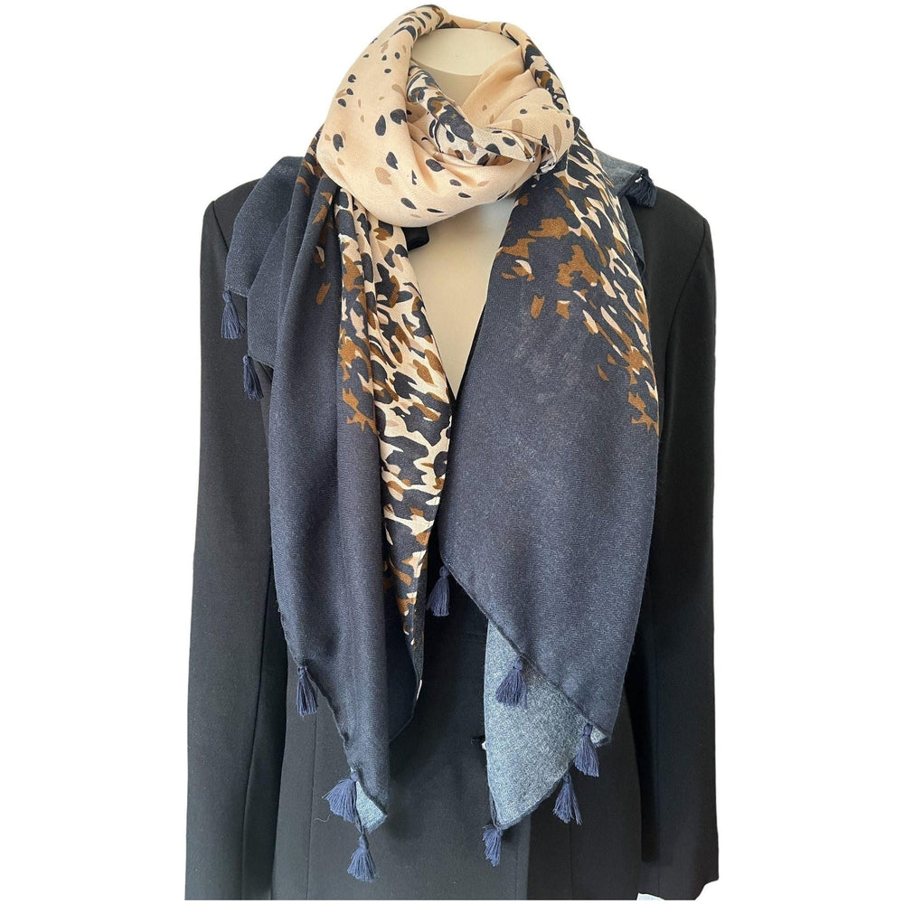 Scarves Australia Fashion Scarves Animal Print Scarf Navy Beige with Tassels