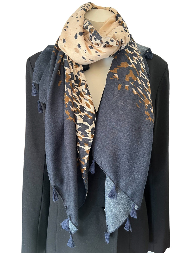 Scarves Australia Fashion Scarves Animal Print Scarf Navy Beige with Tassels