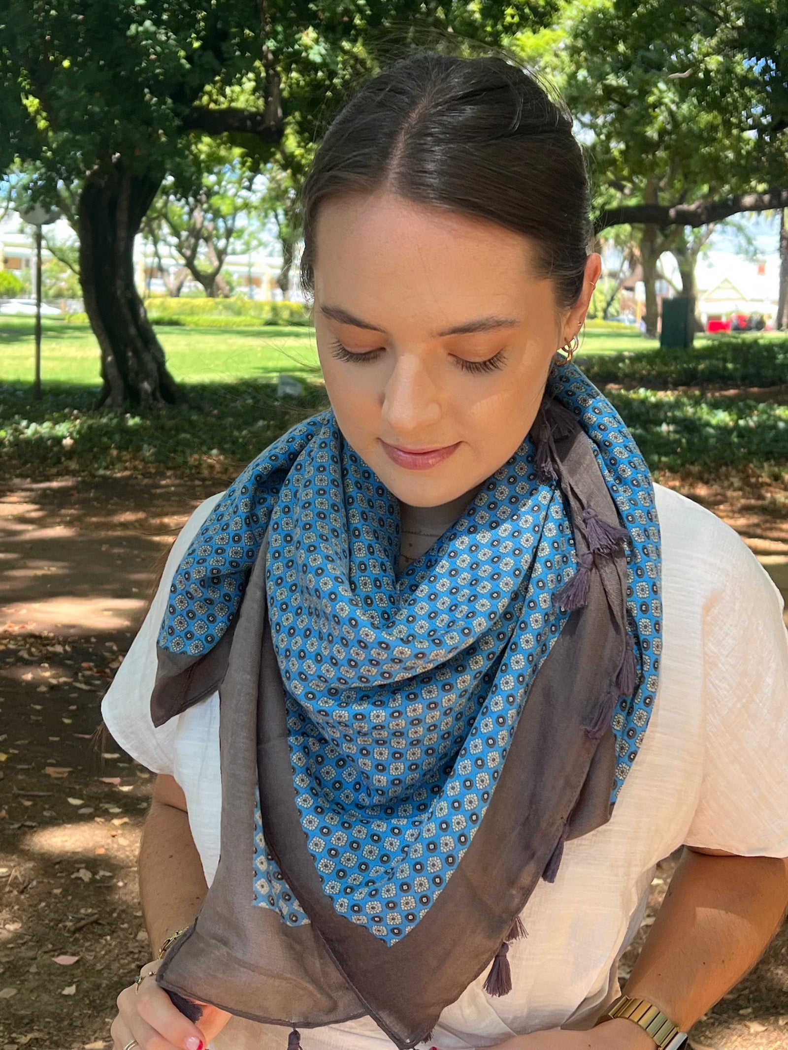 Scarves Australia Fashion Scarves Marine Blue Taupe Scarf - Floral Print with Tassels