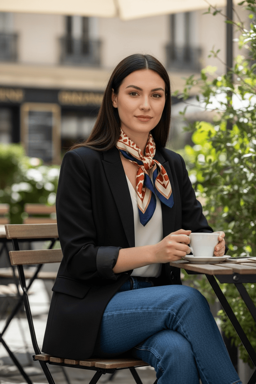 Scarves Australia Fashion Scarves Silky Square Neck Scarf - Classic Navy & Rust Print