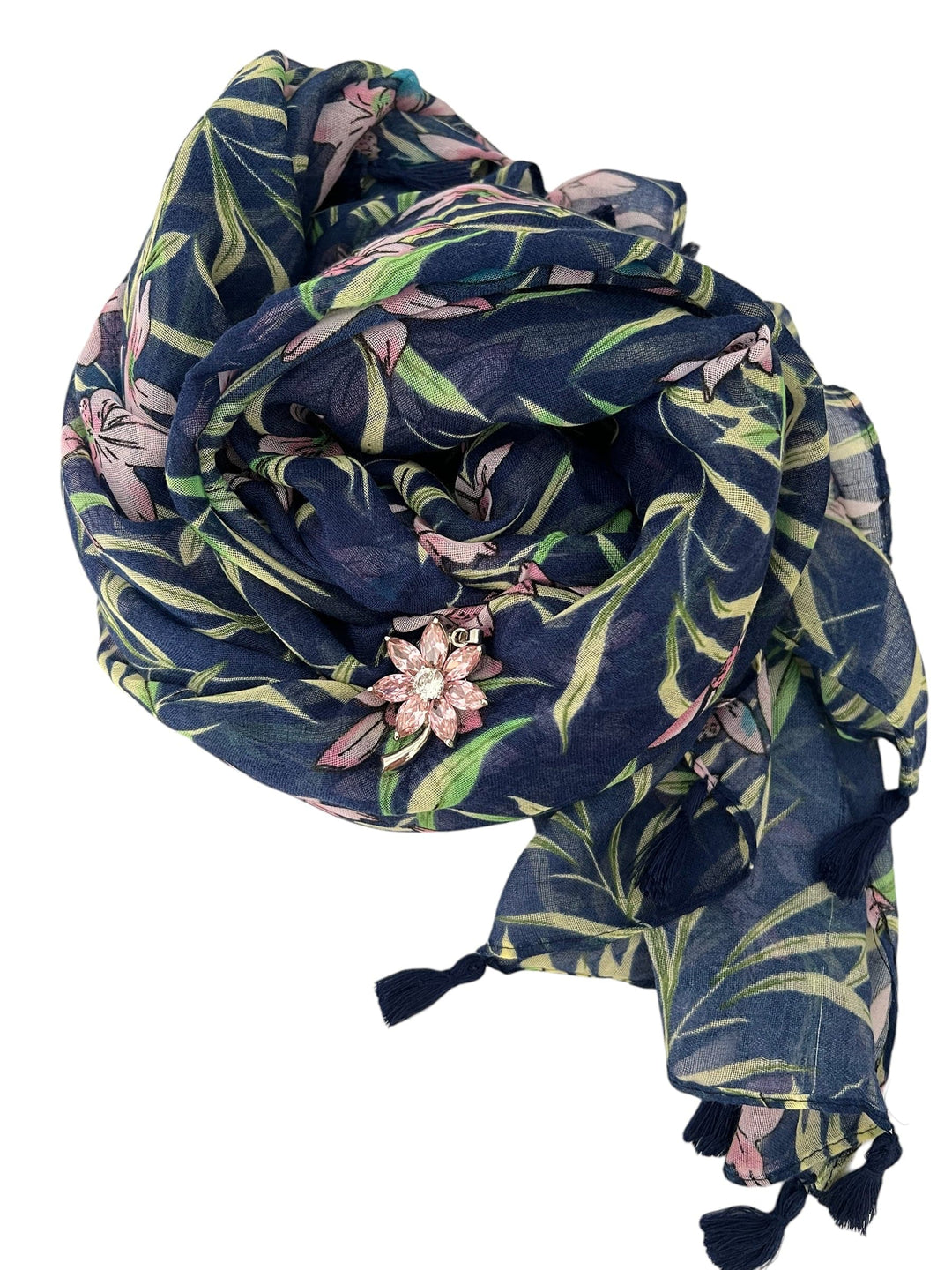 Scarves Australia Floral Scarf Navy with Tassels +Pink Flower Brooch
