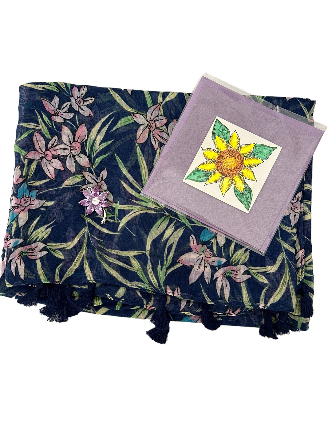 Scarves Australia Gift Packs Floral Scarf Navy w Tassels +Lilac Flower Brooch + Card