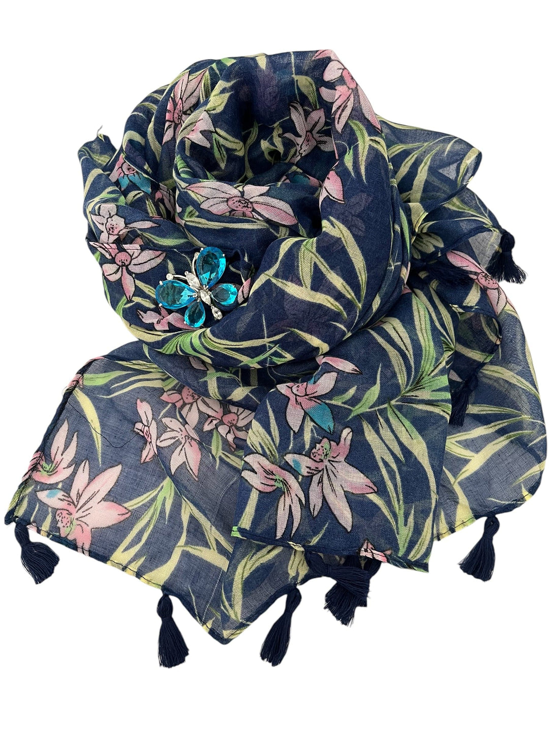 Scarves Australia Gift Packs Floral Scarf Navy w Tassels +Turquoise Butterfly Brooch