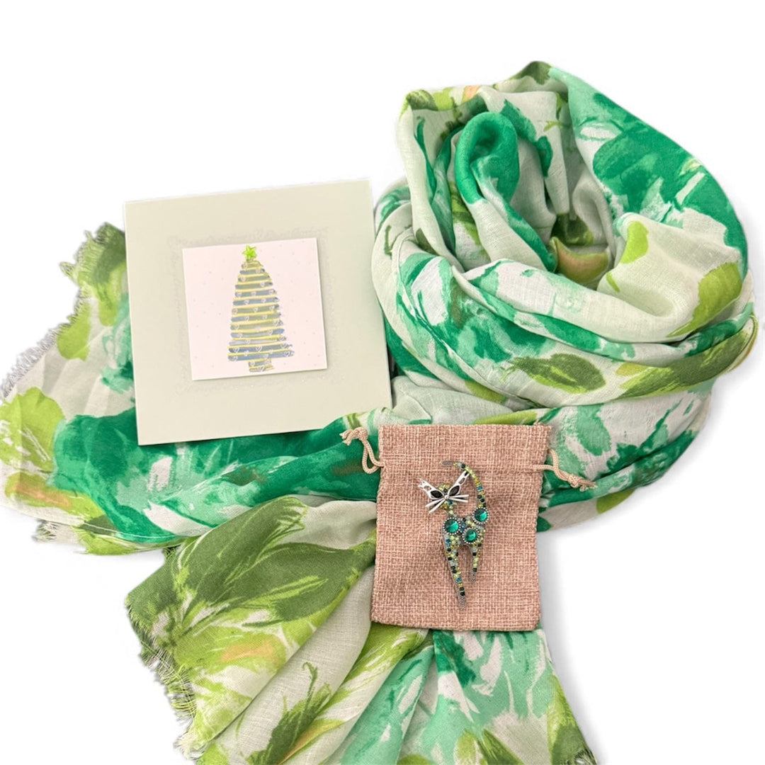 Scarves Australia Gift Packs Gift Pack - Green Leaf Scarf+Brooch+Card
