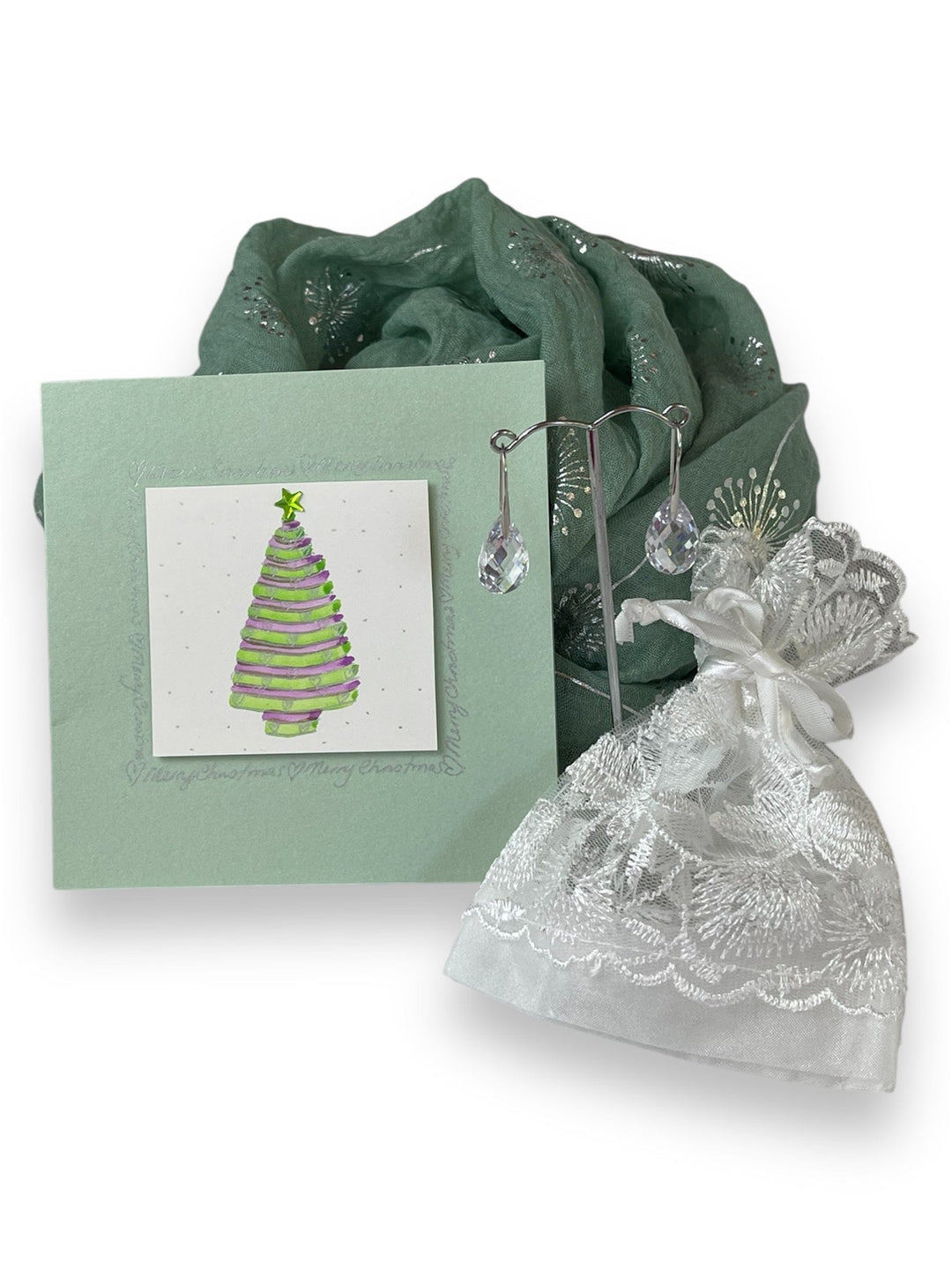 Scarves Australia Gift Packs 🎄Gift Pack - Green Silver Scarf w Crystal Earrings +Card