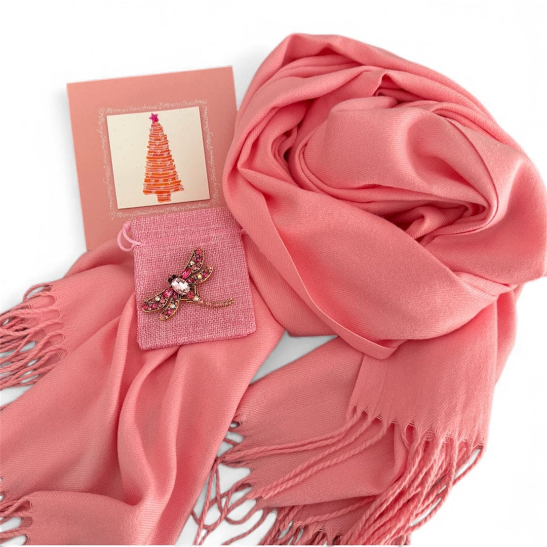 Scarves Australia Gift Packs Gift Pack - Pashmina Pink Blossom+Brooch+Card