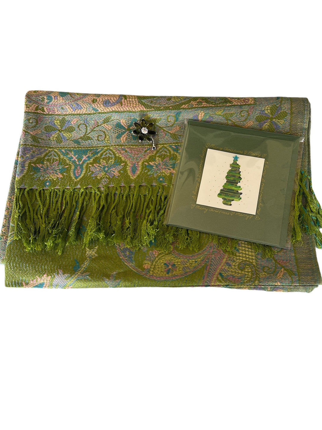 Scarves Australia Gift Packs Gift Pack - Pashmina Shawl Paisley Green Flower Brooch + Card